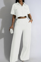 White Street Solid Patchwork Pocket Turndown Collar Short Sleeve Two Pieces Crop Blouse Tops And Wide Leg Pants Sets