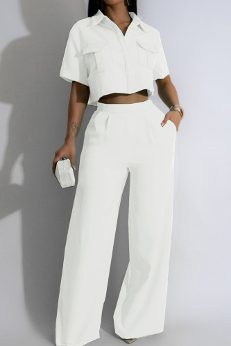 White Street Solid Patchwork Pocket Turndown Collar Short Sleeve Two Pieces Crop Blouse Tops And Wide Leg Pants Sets