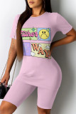 Orange Casual Daily Cartoon Print Contrast O Neck Short Sleeve Two Pieces