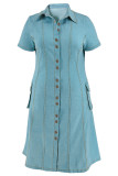 Light Blue Casual Daily Solid Color Pocket Patchwork Turndown Collar Denim Plus Size Dresses