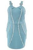 Light Blue Sexy Casual Daily Backless Sleeveless Zipper Spaghetti Strap Raw Hem Cami Plus Size Denim Dresses