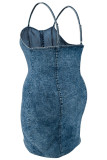 Navy Blue Sexy Casual Solid Color Backless Spaghetti Strap Denim Plus Size Dresses