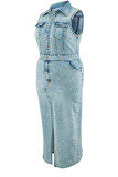 Light Blue Casual Daily Solid Color Slit Turndown Collar Denim Plus Size Dresses
