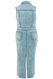 Light Blue Casual Daily Solid Color Slit Turndown Collar Denim Plus Size Dresses