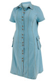 Light Blue Casual Daily Solid Color Pocket Patchwork Turndown Collar Denim Plus Size Dresses