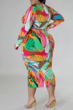 Colour Casual Floral Print Basic O Neck Long Sleeve Plus Size Dresses