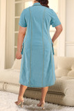 Light Blue Casual Daily Solid Color Pocket Patchwork Turndown Collar Denim Plus Size Dresses