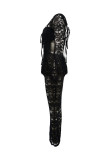 Black Sexy Solid Color Lace Fringed Trim Lace Up See-Through Backless Deep V Neck Long Dresses