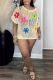 Beige Sexy Casual Flowers Patchwork Hollow Out See-Through O Neck T-Shirts