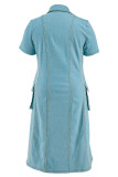 Light Blue Casual Daily Solid Color Pocket Patchwork Turndown Collar Denim Plus Size Dresses