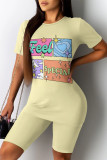 Orange Casual Daily Cartoon Print Contrast O Neck Short Sleeve Two Pieces