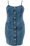Navy Blue Sexy Casual Solid Color Backless Spaghetti Strap Denim Plus Size Dresses