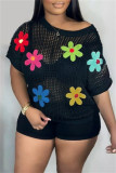 Beige Sexy Casual Flowers Patchwork Hollow Out See-Through O Neck T-Shirts