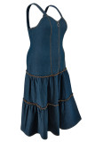 Deep Blue Casual Daily Solid Color Zipper Patchwork Spaghetti Strap Denim Plus Size Dresses