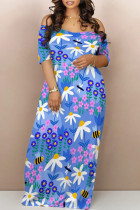 Blue Casual Floral Print Patchwork Off Shoulder Printed Dresses