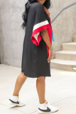Red Casual Pocket Patchwork Contrast V Neck Straight Dresses