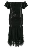 Black Sexy Celebrities Formal Patchwork Sequins Off Shoulder Wrapped Skirt Plus Size Dresses