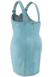 Light Blue Sexy Casual Daily Backless Sleeveless Zipper Spaghetti Strap Raw Hem Cami Plus Size Denim Dresses