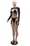 Black Sexy Solid Color Fringed Trim Lace Up Backless Halter Long Sleeve Three Piece Set