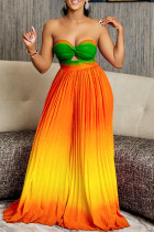 Green Gradient Color Hollow Out Backless Pleated Patchwork Strapless Loose Jumpsuits