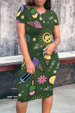 Blue Casual Daily Cartoon Print O Neck Printed Short Sleeve Dress
