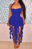 Red Sexy Solid Color Fringed Trim Backless Halter Wrapped Skirt Dresses