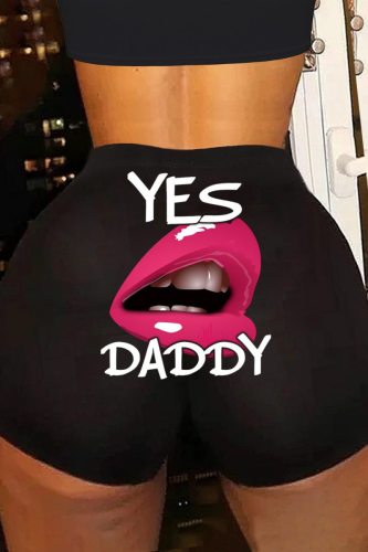 Black Casual Lips Print Letter Print Basic Skinny High Waist Conventional Positioning Print Shorts