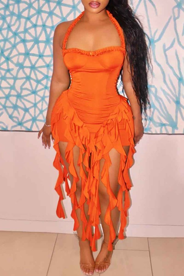 Orange Sexy Solid Color Fringed Trim Backless Halter Wrapped Skirt Dresses