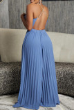Blue Gray Celebrities Solid Color Backless Ruched Patchwork Halter Loose Jumpsuits