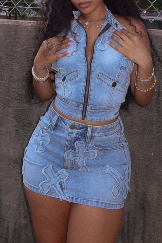 Light Blue Sexy Solid Color Pocket Buttons Zipper Patchwork Zipper Collar Sleeveless Two Pieces