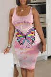 Rose Red Casual Butterfly Print Flowers Gradient Color Contrast U Neck Printed Dresses