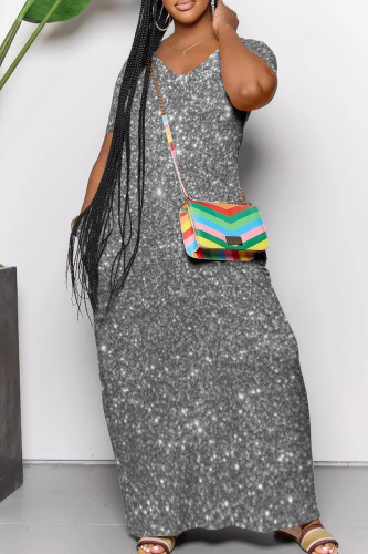 Silver Casual Print Pocket Patchwork V Neck Straight Dresses(Imitation Sequins)