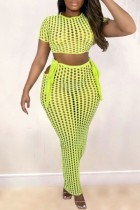 Lemon Yellow Sexy Casual Solid Hollowed Out Frenulum See-through O Neck Short Sleeve Two Pieces