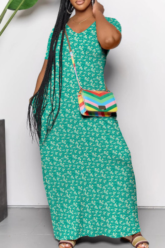 Cyan Casual Print Patchwork V Neck Long Dresses