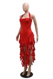 Red Sexy Solid Color Fringed Trim Backless Halter Wrapped Skirt Dresses