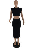 Black Casual Solid Color Basic O Neck Sleeveless Two Pieces