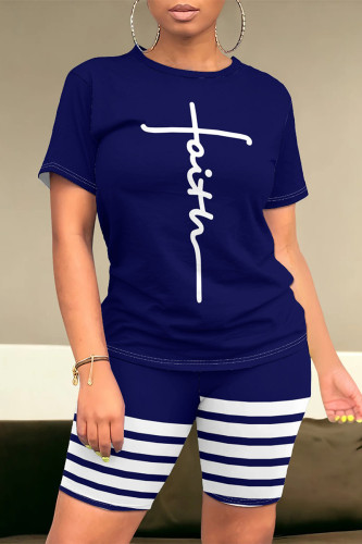 Dark Blue Casual Daily Skull Finger Letter Print Stripe O Neck Short Sleeve Two Pieces
