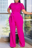 Pink Celebrities Lace Strap Design Patchwork O Neck Regular Jumpsuits