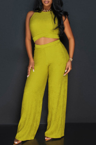 Green Yellow Casual Solid Bandage Patchwork O Neck Sleeveless Two Pieces