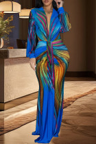Blue Celebrities Print Patchwork V Neck Long Dresses