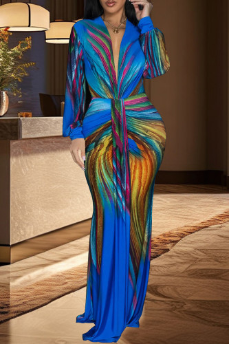 Blue Celebrities Print Patchwork V Neck Long Dresses