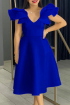 Royal Blue Celebrities Solid Color Ruffle Patchwork V Neck A Line Dresses