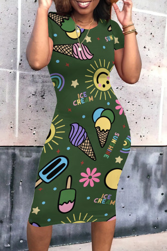 Green Casual Daily Cartoon Print O Neck Printed Short Sleeve Dress