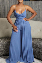 Blue Gray Celebrities Solid Color Backless Ruched Patchwork Halter Loose Jumpsuits