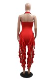 Red Sexy Solid Color Fringed Trim Backless Halter Wrapped Skirt Dresses