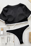 Black Sportswear Strap Design Patchwork Contrast Swimwears(With Paddings)