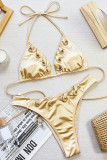 Yellow Sportswear Solid Color Hollow Out Backless Strap Design Patchwork Swimwears(With Paddings)