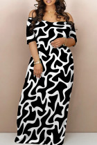 Black White Casual Geometric Print Backless Patchwork Off Shoulder Long Dresses