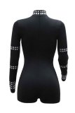 Black Sexy Party Nightclub Hot Drilling Patchwork Half A Turtleneck Skinny Rompers