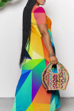 Yellow And Blue Casual Geometric Print Pocket Patchwork V Neck Straight Dresses
